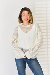 HYFVE Women's Openwork Knit Top with Ribbed Trim - Long Sleeve